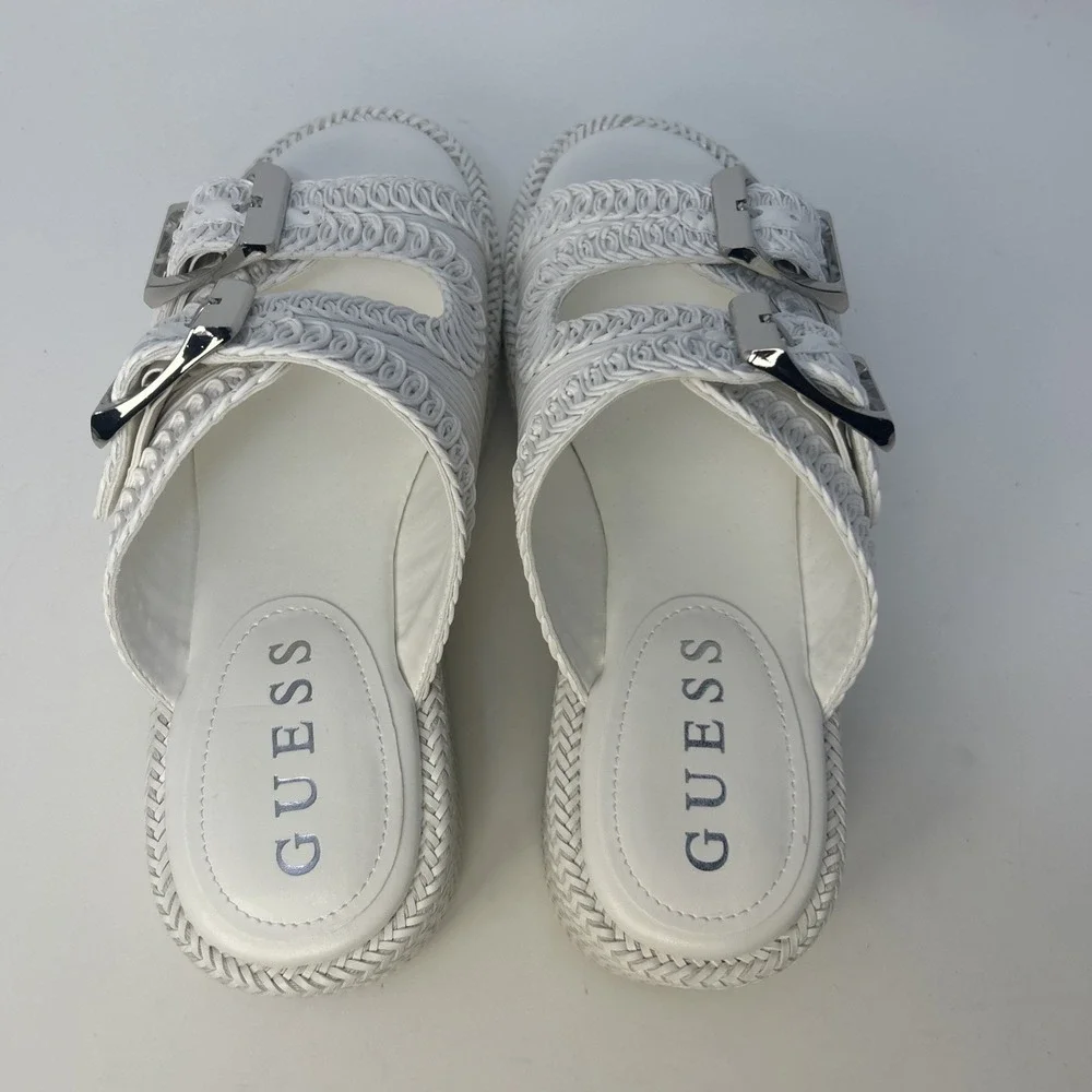 GUESS Binks‎ Woven Platform Sandals Ivory White Double Buckle Wedge Size 10M NIB